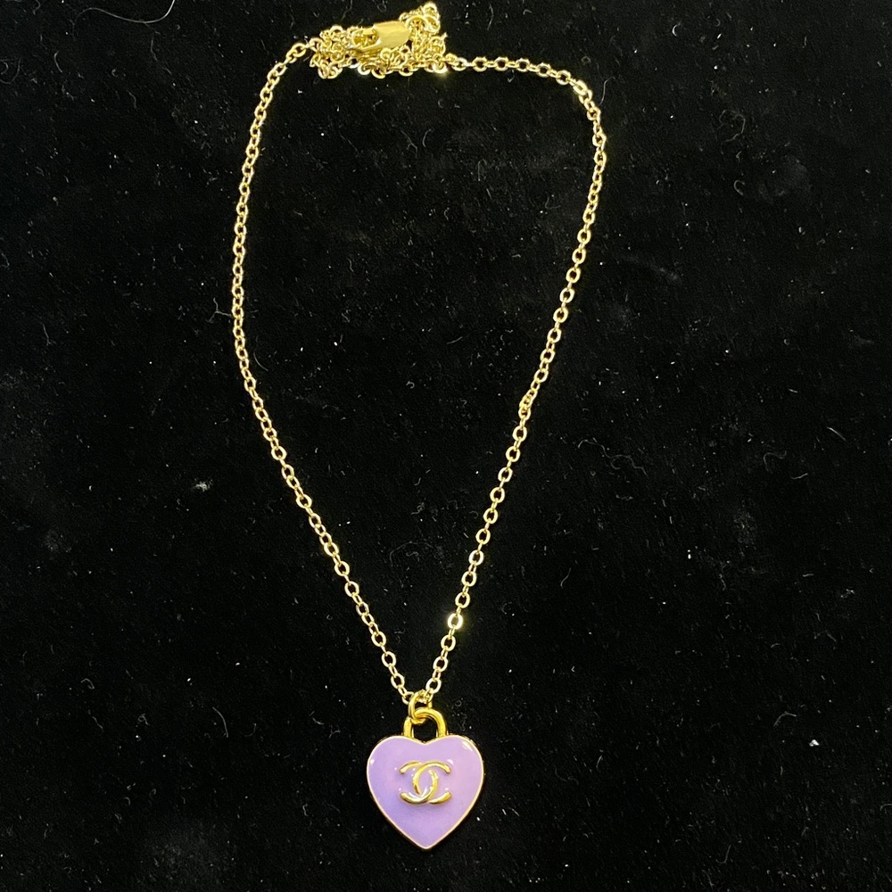 Gold and Purple CHANEL Heart Pendant Necklace